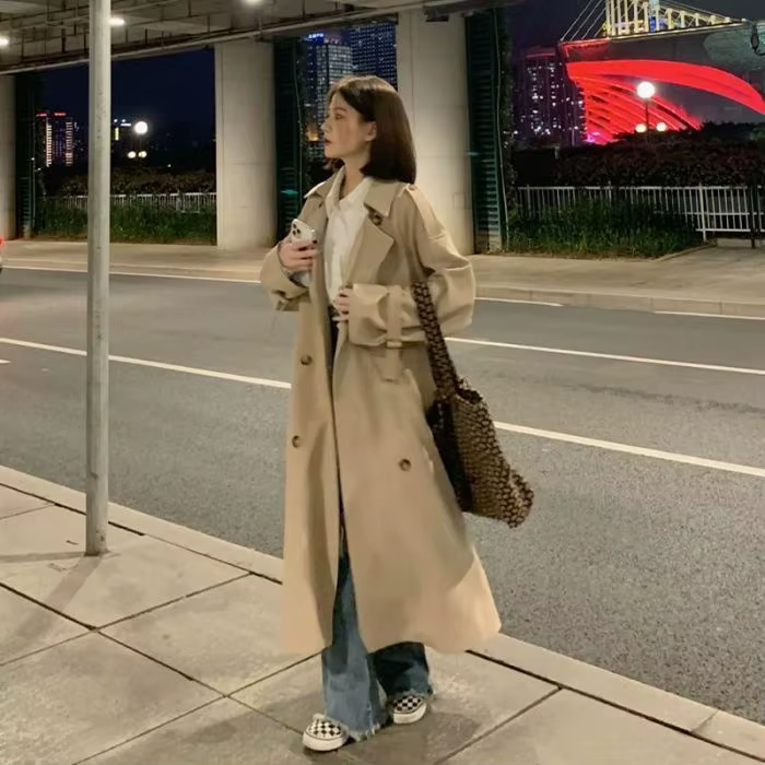 Manteau mi-long pour femme style coréen automne 2025, décontracté et tendance, en polyester, à manch