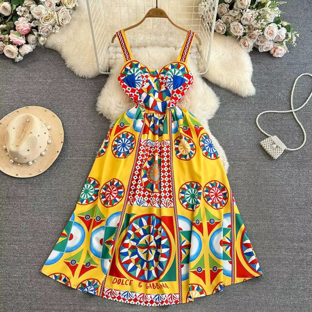 Robe longue vintage baroque sans bretelles pour les vacances à la plage, taille cintrée avec motif i