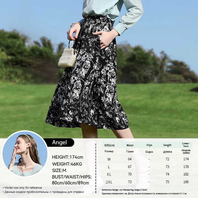 Je crois que vous jupe mi-longue jupe parapluie femme encre noire lavage motif Floral taille haute e