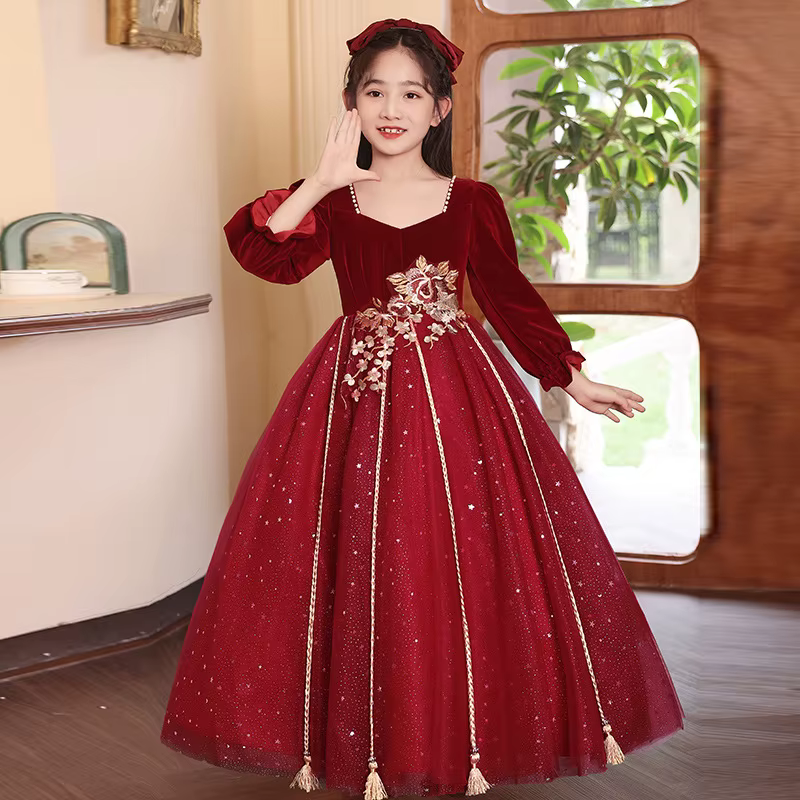 Robe de princesse rouge à manches longues pour filles, tenue de récital de piano, robe de demoiselle