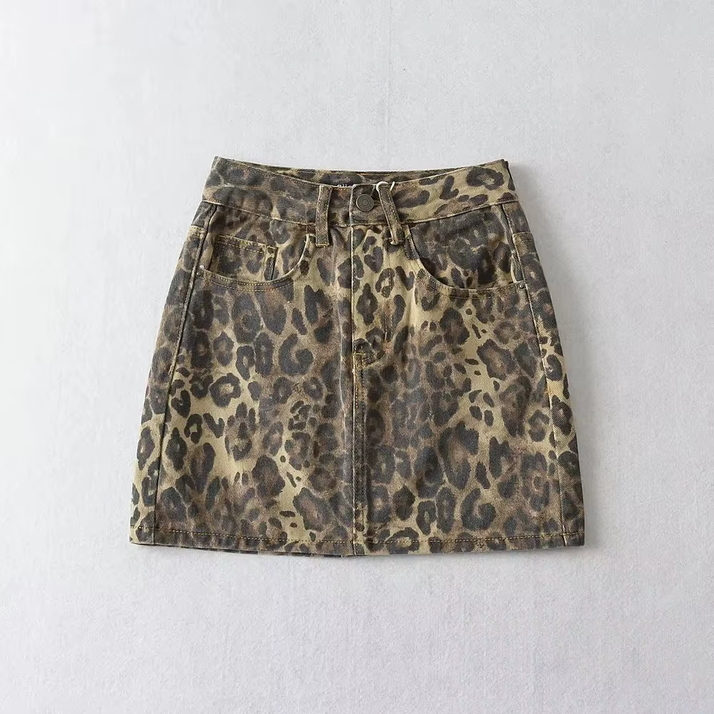 Mini jupe en jean imprimé léopard pour femme, poches fines, taille haute, hanche ronde, sexy, décont