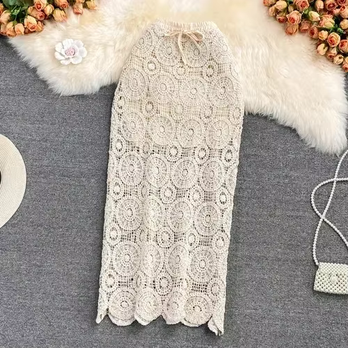 Jupe longue de plage style bohème pour femme, tenue ajourée, gaine, taille haute, crochet, été, sexy