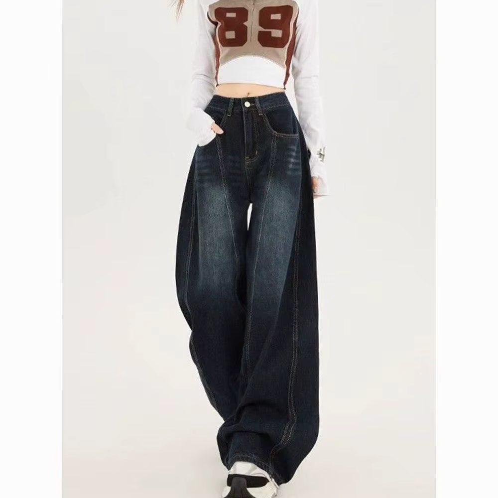Jean large brodé rétro américain pour femme, taille mi-haute, coupe ample, longueur au sol, style ur