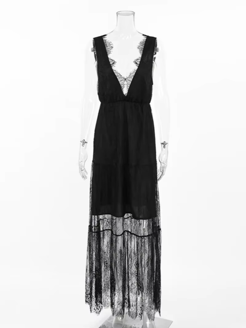 Robe longue en dentelle pour femmes, décontractée, Sexy, Patchwork, Maxi, débardeur, décolleté en v 