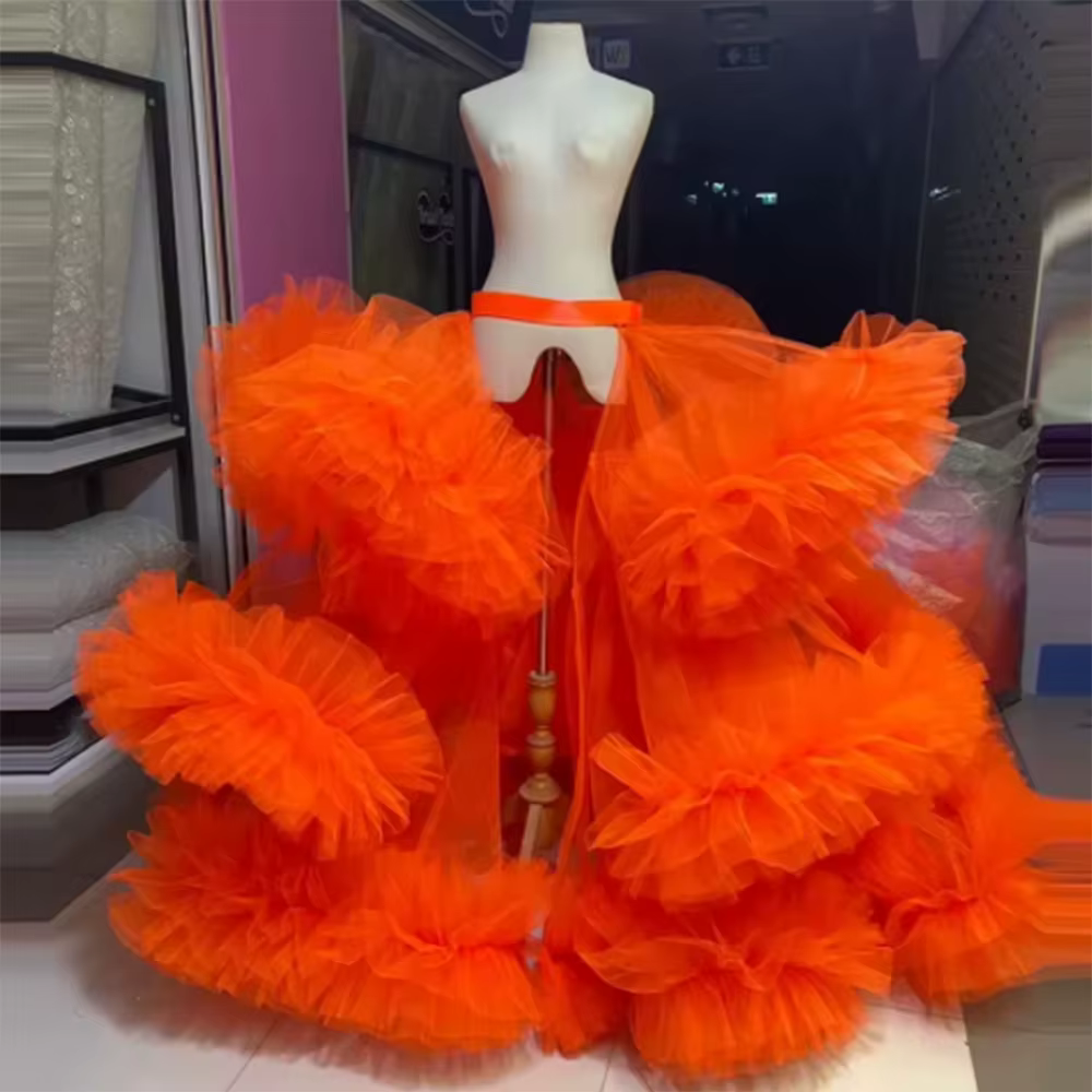 Jupes bouffantes à volants orange pour femmes, surjupes en tulle à plusieurs niveaux, jupe longue po