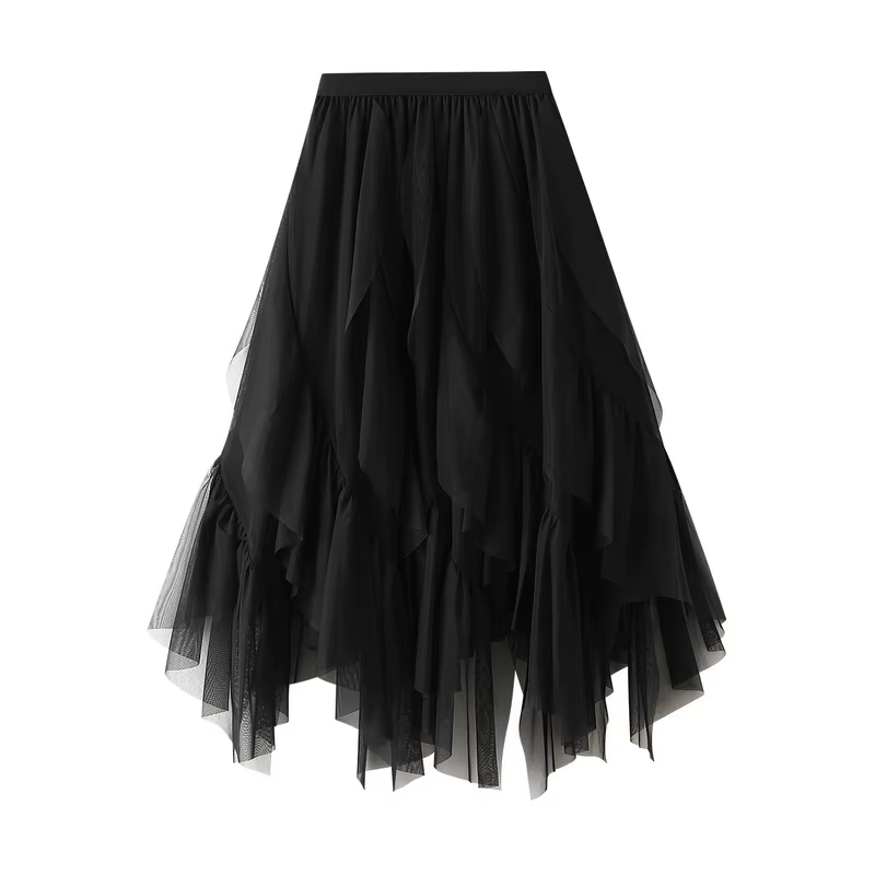 Jupe longue en tulle froncé pour femme, taille haute, coupe trapèze, style coréen, effet froissé