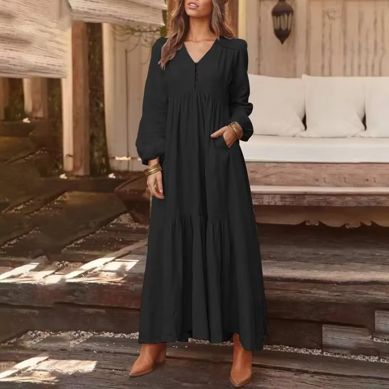 Robe longue rétro en coton et lin pour femmes, grand ourlet, décontractée, manches longues, mode, co