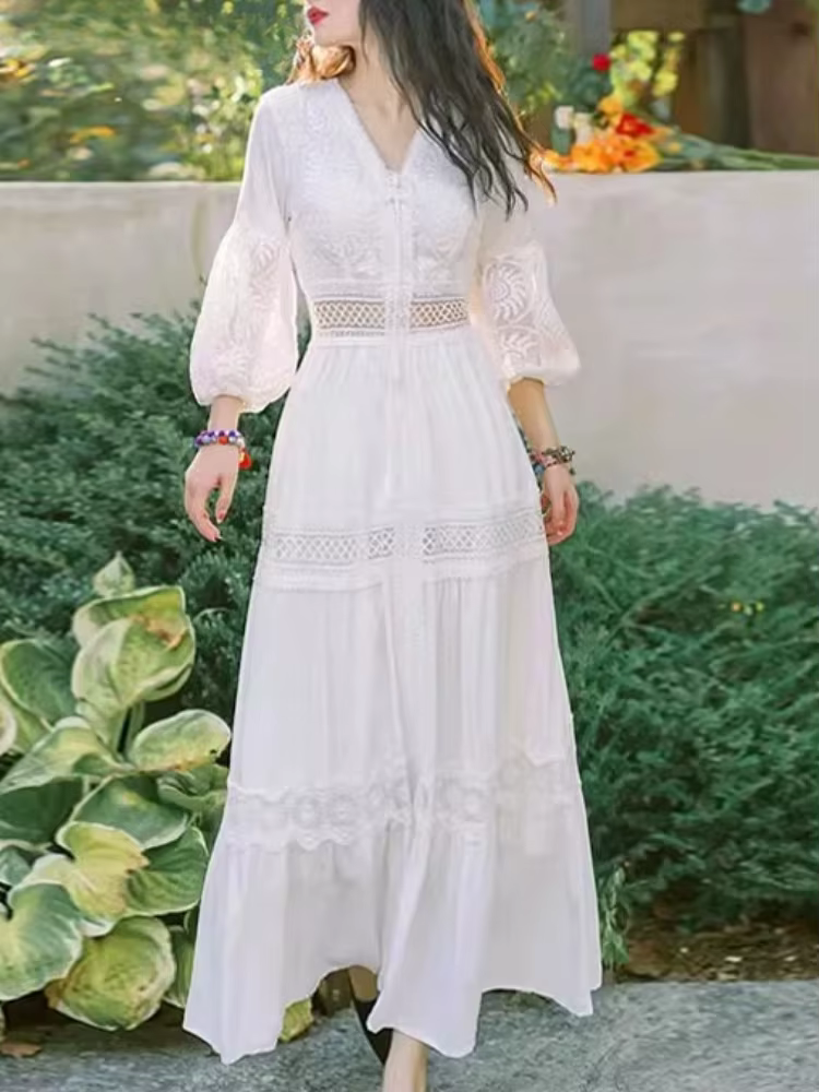 Robe de plage blanche bohème pour femme, robes de soirée élégantes, col en V, sexy, évider, taille h