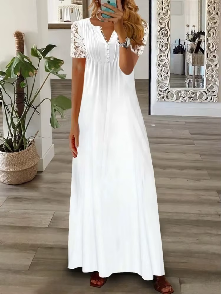 Robes Maxi florales élégantes pour femmes décontracté col en V court décontracté dentelle Patchwork