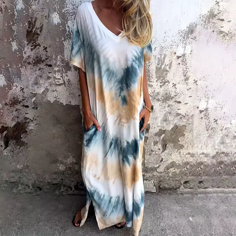 Robe Longue Élégante à Manches Courtes pour Femme, Tenue Décontractée, Col en V, Vintage, Imprimé, M