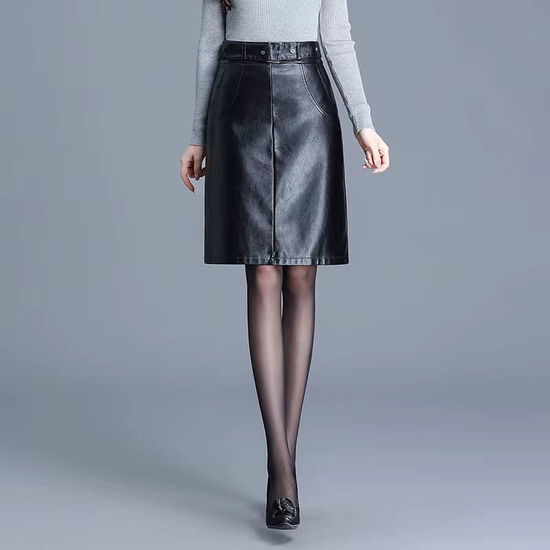 Jupe noire en cuir PU pour femme, taille haute, hanche ronde, élégante, dame de bureau, mode, automn