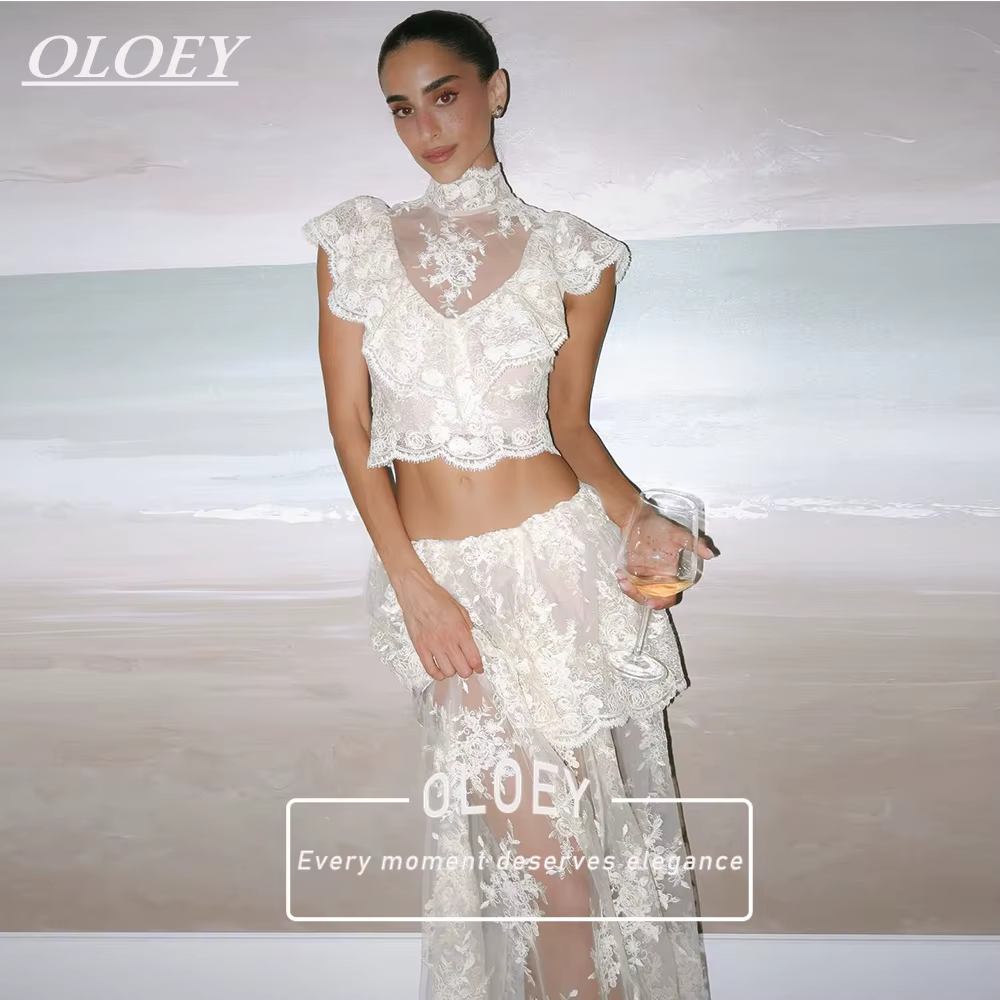 Robe de mariée sexy en dentelle OLOEY, 2 pièces, haut à col montant avec jupe longue évasée, robe de