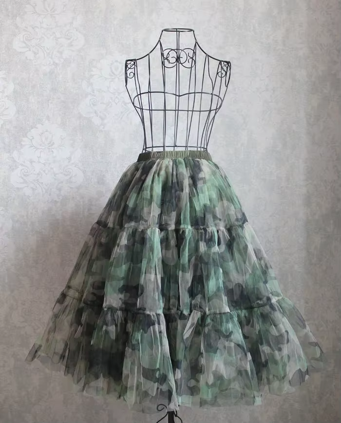 Jupe longue camouflage A-Line en tulle de style coréen, vert, ceinture élastique, multicouche, longu