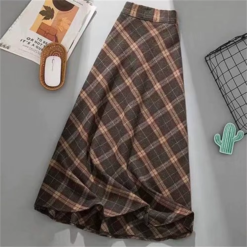 Femme une ligne plissée jupe à carreaux femme 2024 Style coréen épais taille haute jupe longue autom