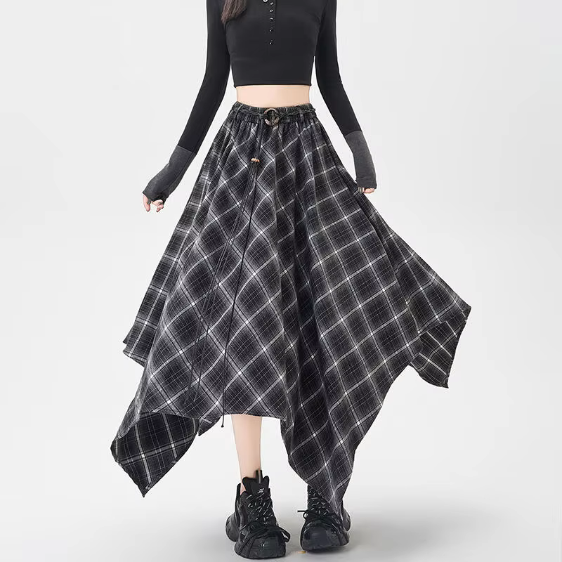 Jupe à carreaux taille haute élastique pour femmes, ligne A, mi-longue, Style coréen, mode rétro pol