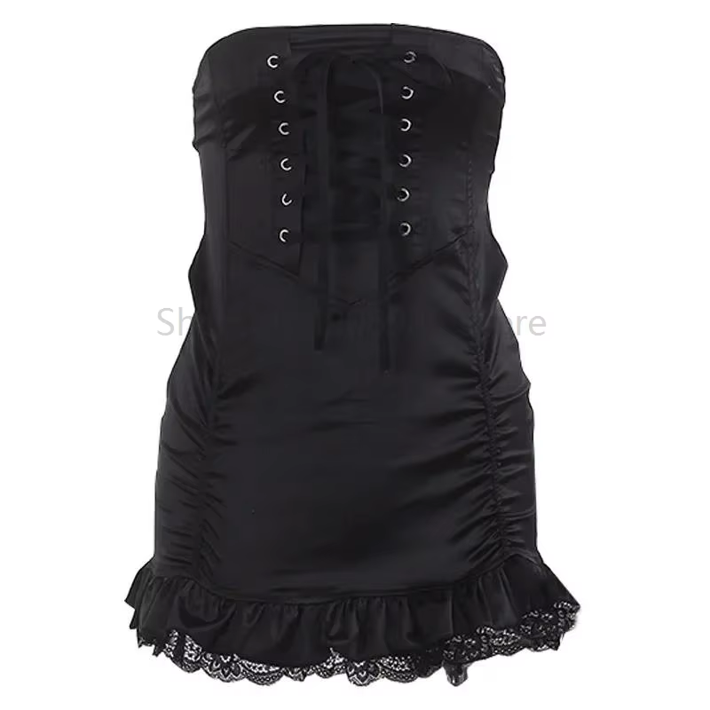 Jupe à bandes plissée en Satin noir foncé, Mini jupes taille haute pour femmes, mode Preppy Style St