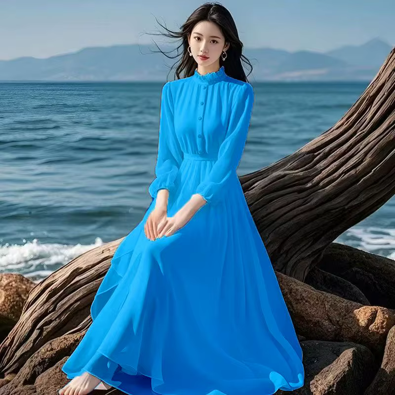 Robe longue à volants et boutons épissés pour femmes, vêtements amples à manches longues, assortis a