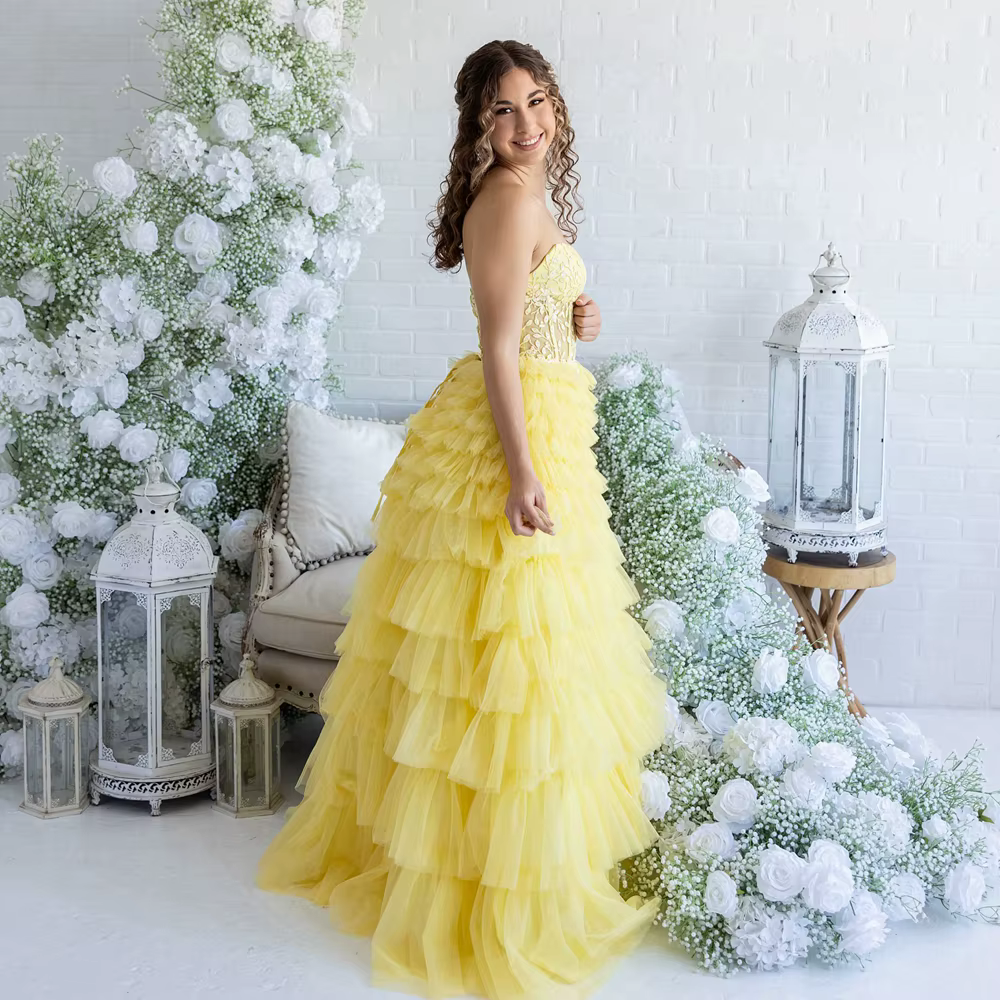Nouvelle Robe de Bal Longue Jaune 2026, Bustier, en Tulle à Volants Superposés, pour Cérémonie de Re