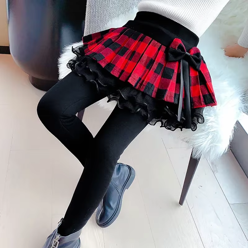 FJCulotte-Leggings d'hiver à carreaux pour filles, pantalons skinny pour enfants, jupe épaisse et ch