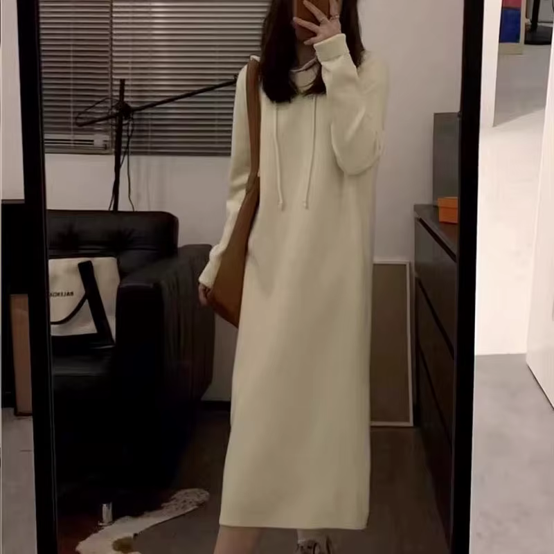 Pull à capuche automne/hiver, robe en tricot à manches longues, jupe longue en laine pour femme