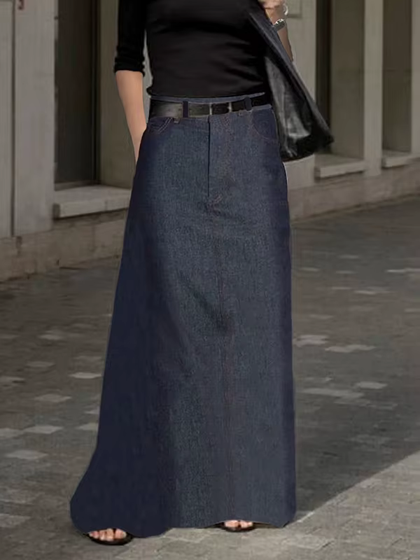 Lemongor femme élégant Imitation Denim a-ligne taille haute jupes longues 2024 nouveau printemps été