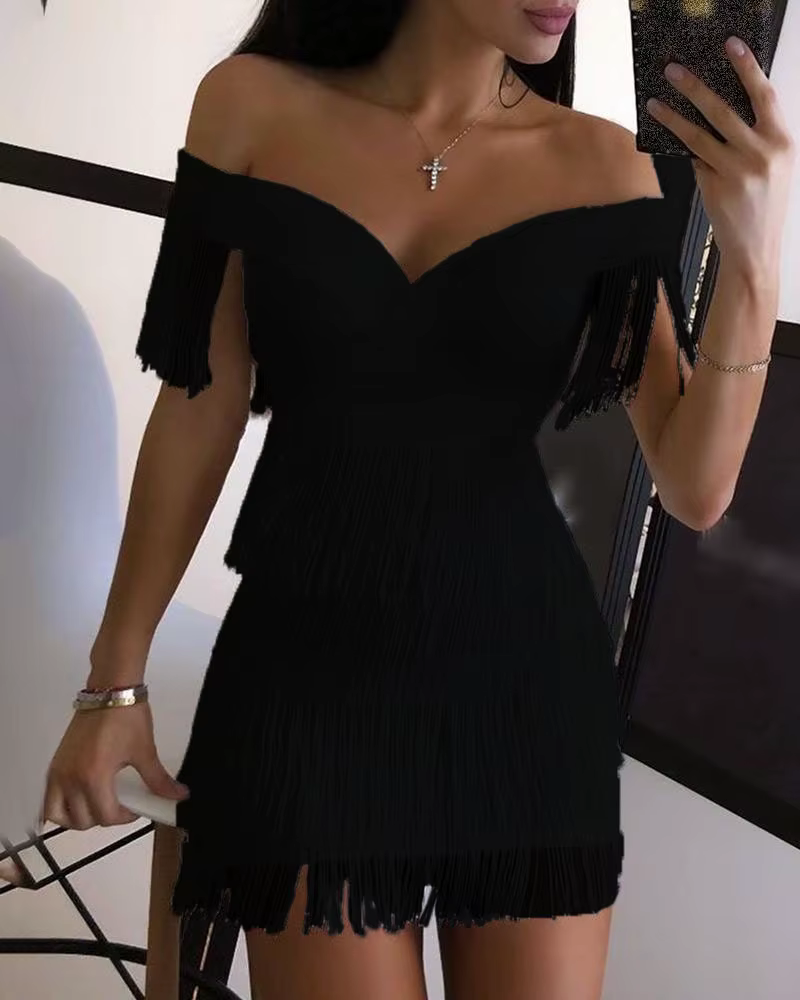 Robe de soirée sexy à col en V pour femmes, jupe à franges à une épaule, robe de tempérament pour da