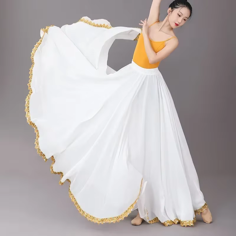 Jupe de danse Flamenco pour femmes, 720 degrés, en mousseline de soie, couleur unie, longue balançoi