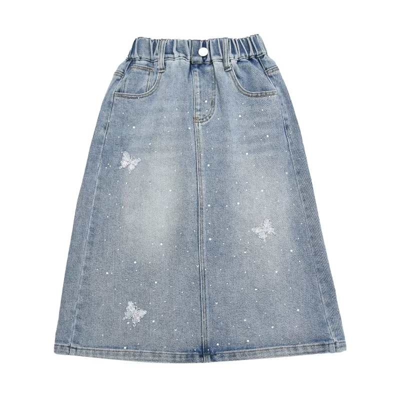 Jupe longue en jean tendance pour enfants avec strass, motif papillon, pour jeunes filles, âges 5-14