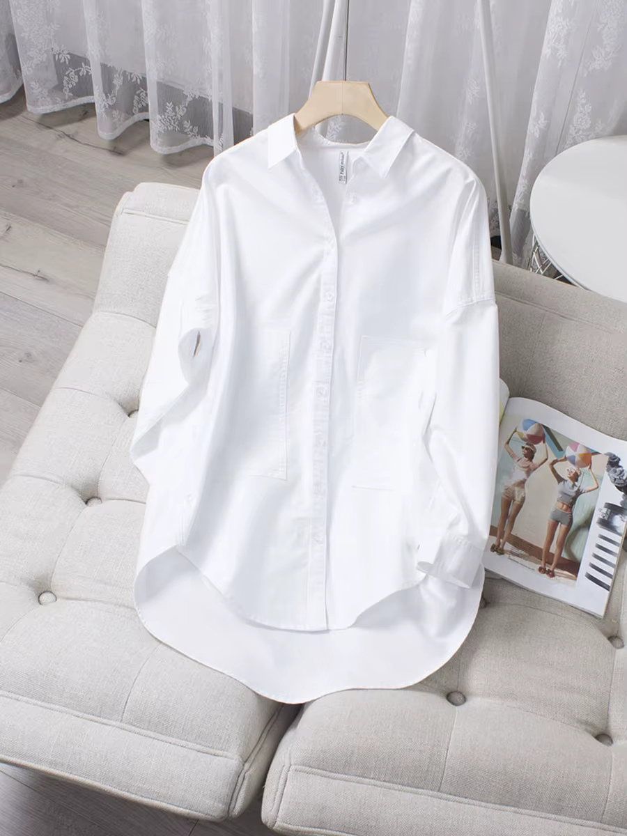 Chemise blanche de longueur moyenne pour femme, pur coton, Oxford, ample, tendance, polyvalente, sli
