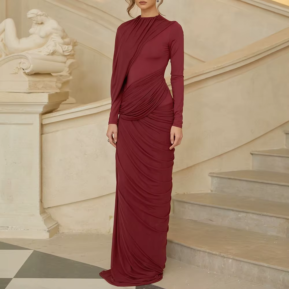 Robe longue élégante en maille pour femme, nouvelle collection Printemps 2026, taille élastique, cou