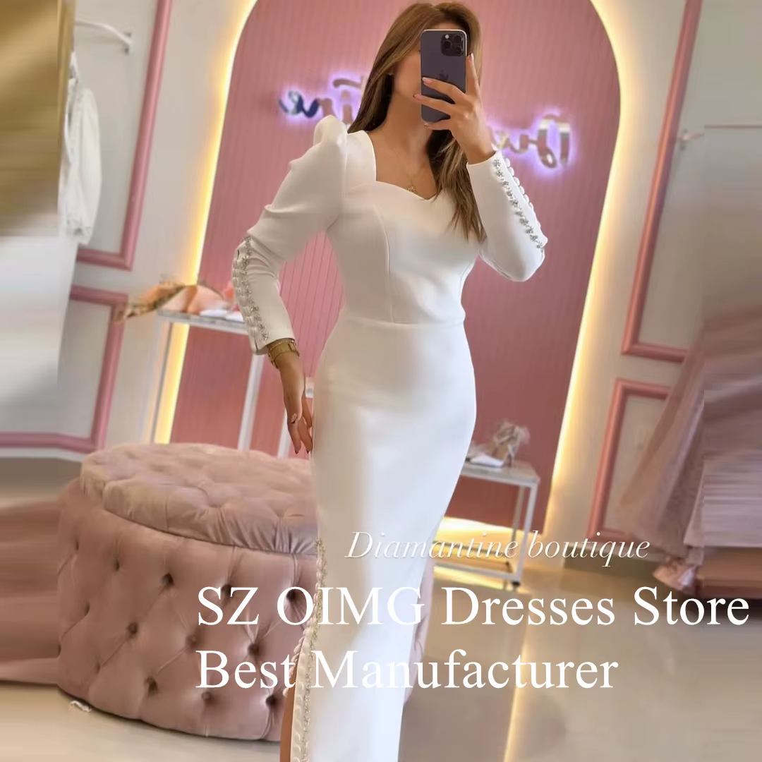 OIMG-Robe de Bal en Satin Froncé avec Strass Blancs, Manches sulf, Style Arabe, Sirène Élégante, Que