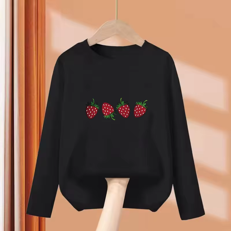 T-shirts à manches longues pour enfants, imprimés fraises, mode décontractée, pour filles, été et pr