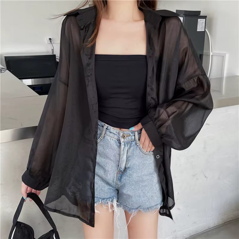 Chemise semi-transparente à manches longues pour femmes, col boutonné scintillant, chemise légère un