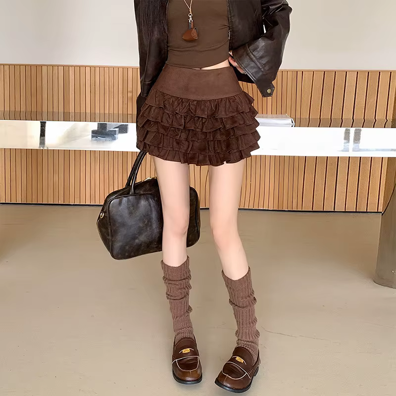 Jupe marron bouffante taille haute pour femmes, jupe moulante en peau de daim d'automne et d'hiver,