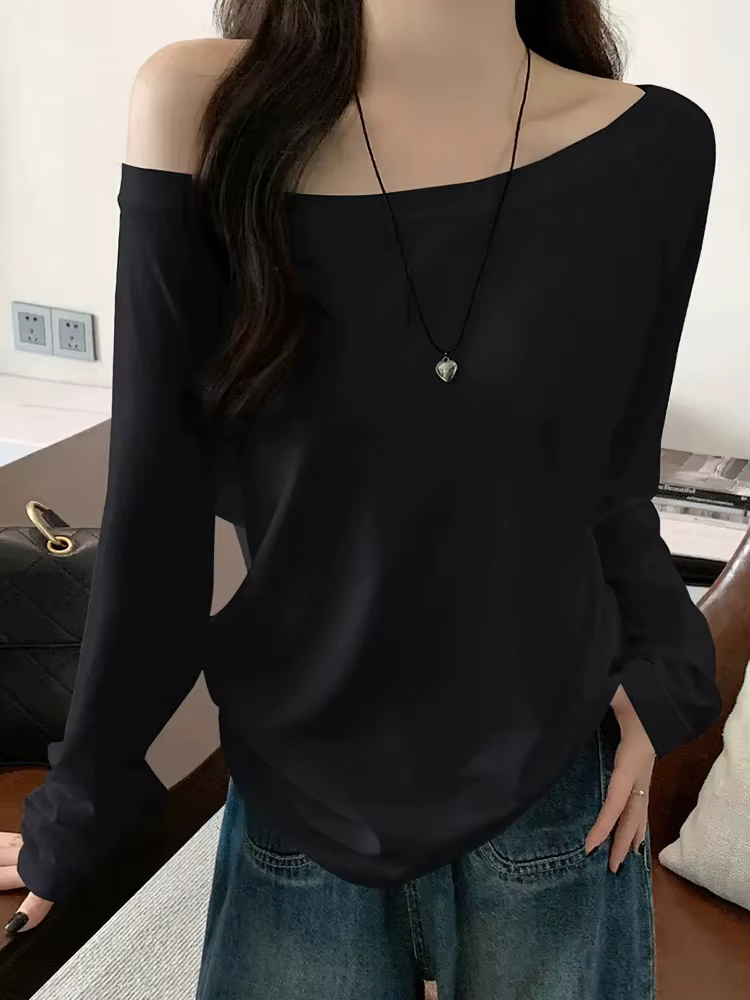 Surdimensionné épaules dénudées à manches longues t-shirt femmes couleur unie décontracté hauts dame