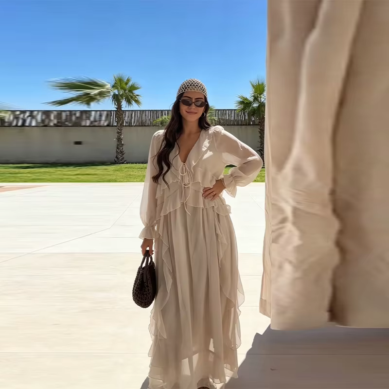 Robe longue de soirée élégante beige à volants pour femme, col en V, manches longues, en mousseline 
