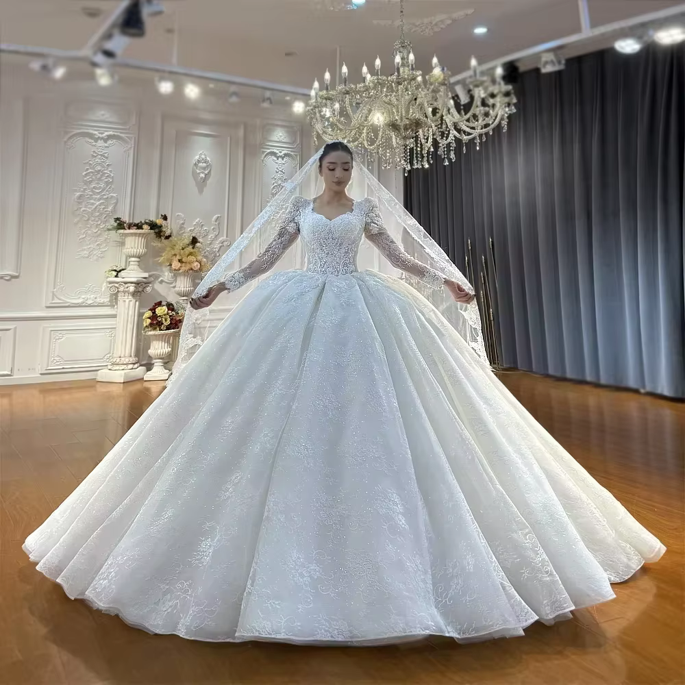 Robe de mariée de luxe en dentelle blanche, manches longues, appliques, robe de bal, vestidos de nov