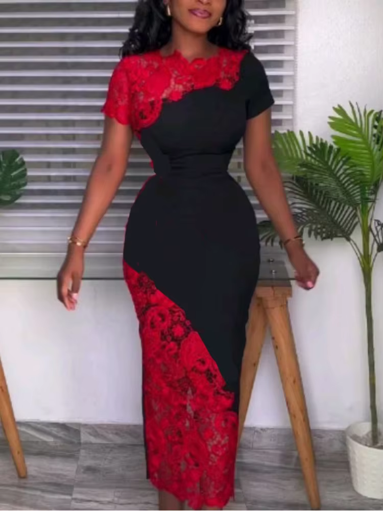 Robe mi-longue en dentelle rouge pour femme, col rond, manches courtes, coupe couvertes, patchwork,