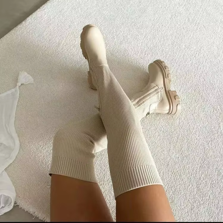 Cuissardes hautes de luxe pour femmes, bottes décontractées en peluche, au genou, de marque de styli