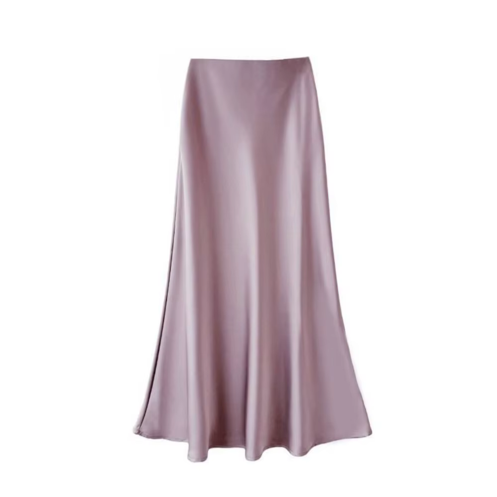 Jupe longue basique en satin de soie, coupe ajustée, taille haute, style mi-longue trapèze, Printemp
