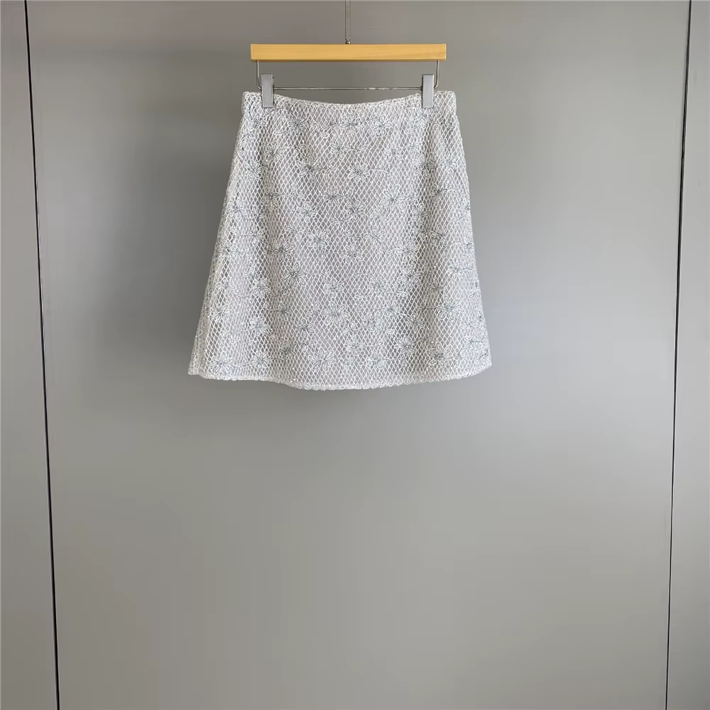 Ensemble 3 pièces pour femmes, haut à manches courtes brodé de fleurs en sequins + jupe mi-longue