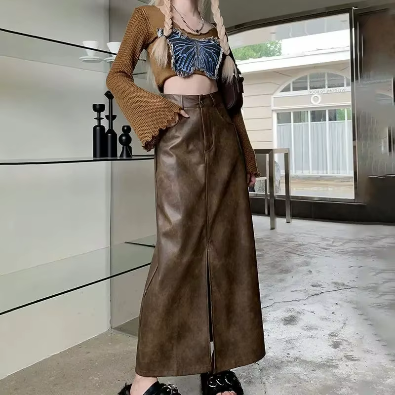Jupe mi-longue en cuir pour femmes, jupe longue taille haute, ligne a, moulante aux hanches, printem