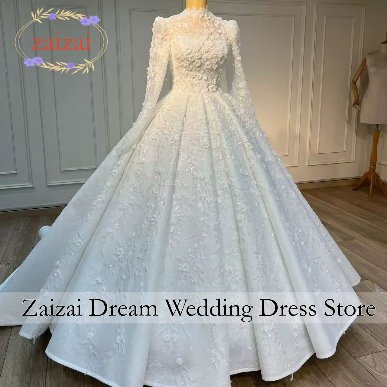 Robes de mariée de luxe personnalisées à fleurs 3D, robes de bal de mariée à col haut, manches longu
