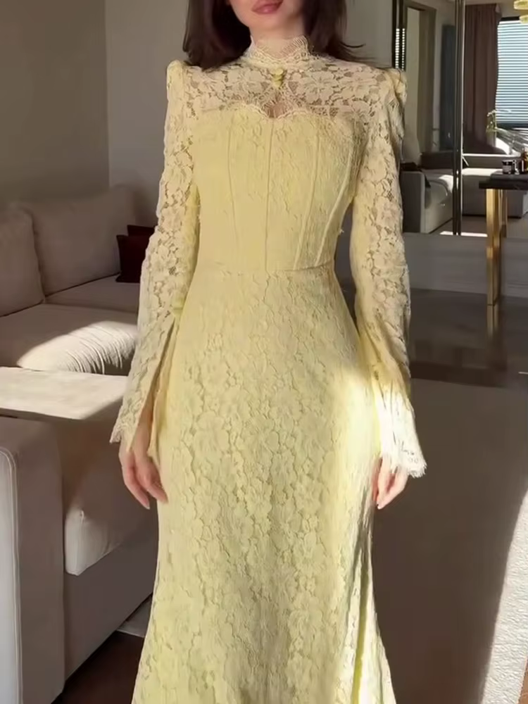 Femmes élégantes broderie creuse robe longue décontracté à manches longues solide mince robe de soir