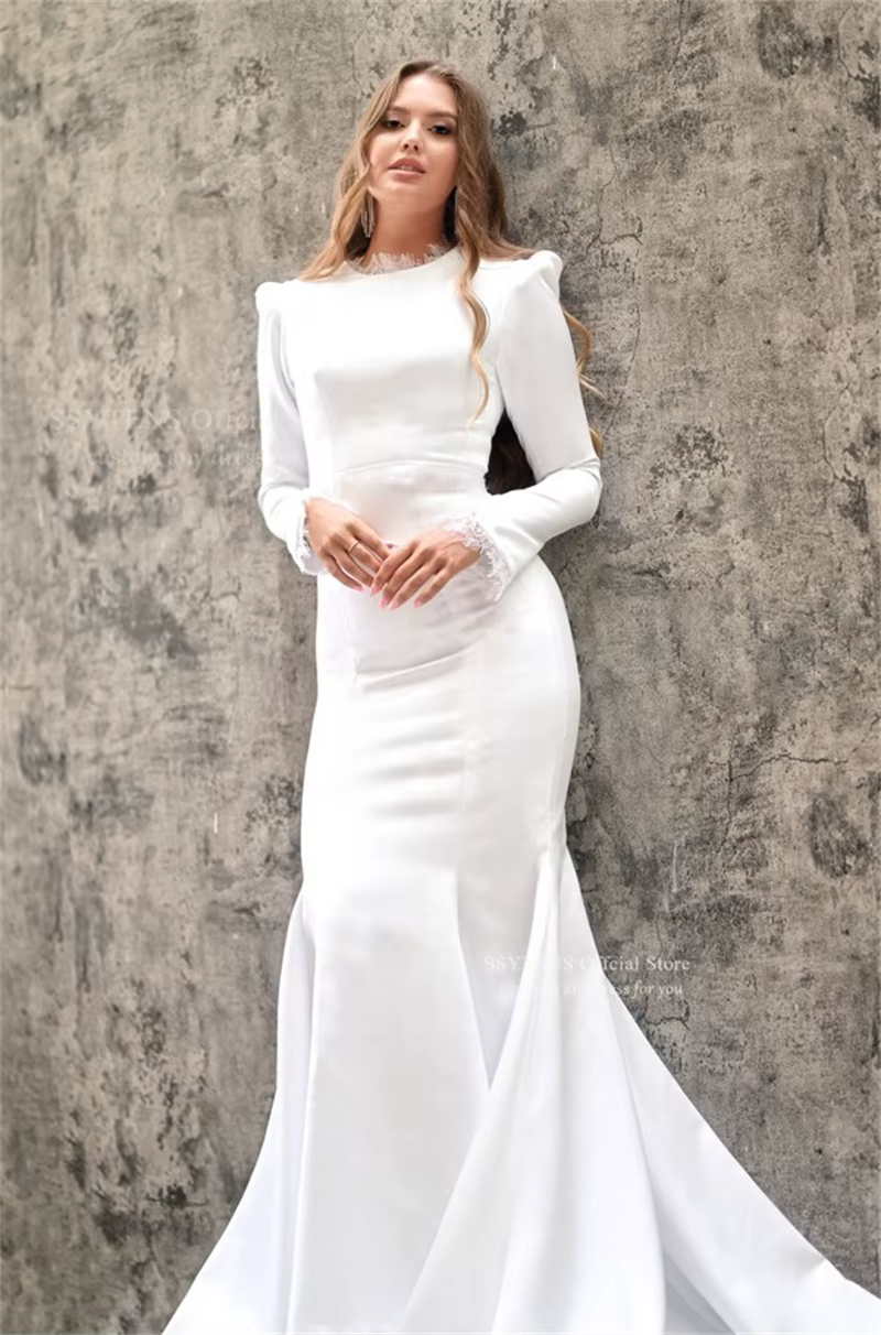 SSYTENS Satin robes De mariée minimales manches longues col haut sirène Robe De Novia Boda Civil per