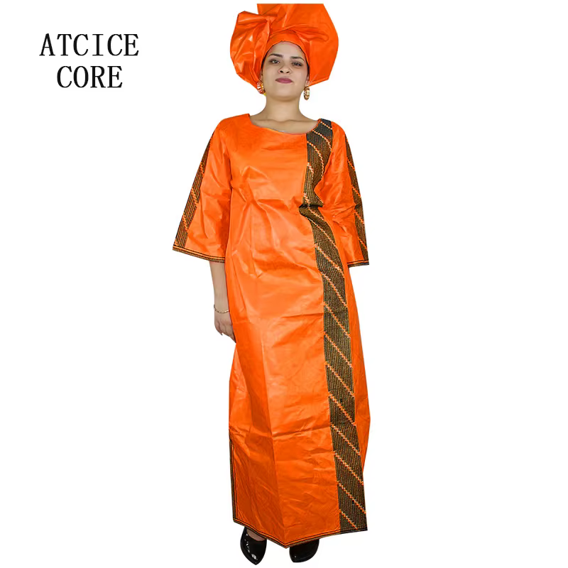 Bazin Riche Africain Brodé pour Femme, Robe Longue avec Écharpe
