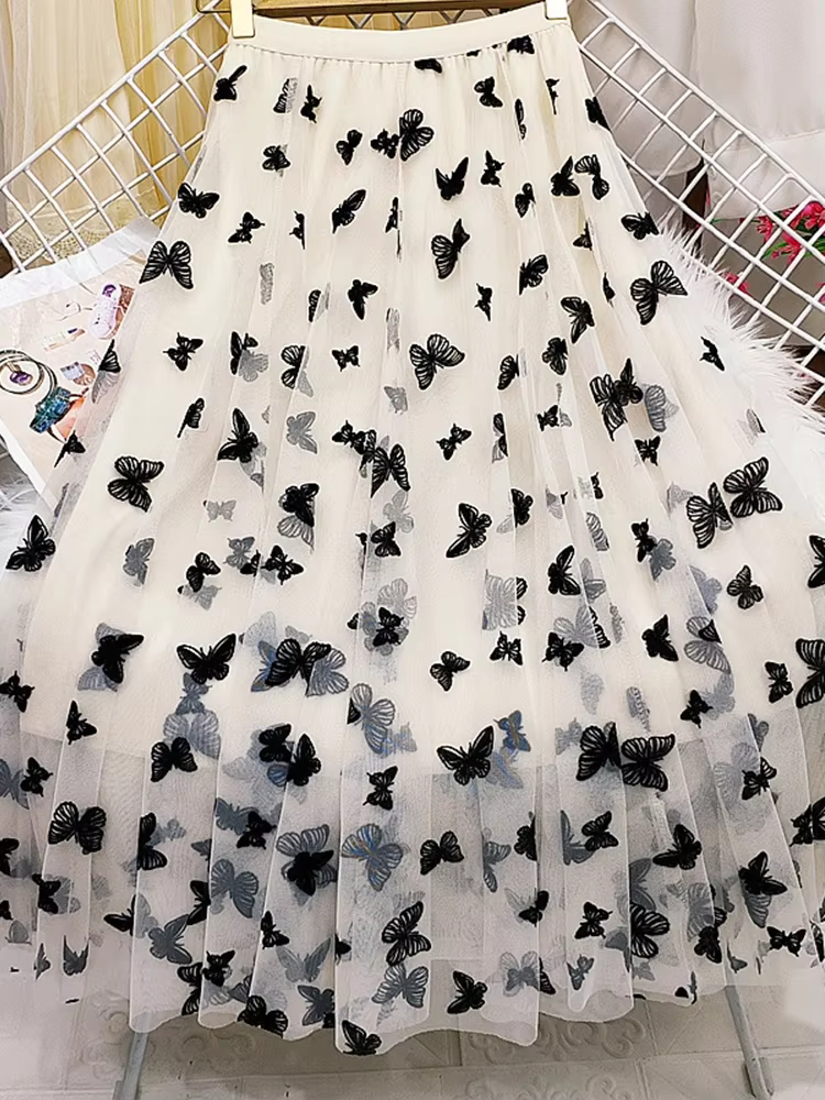 Jupe longue en tulle floqué papillon pour femme, ligne A décontractée esthétique, taille haute élast