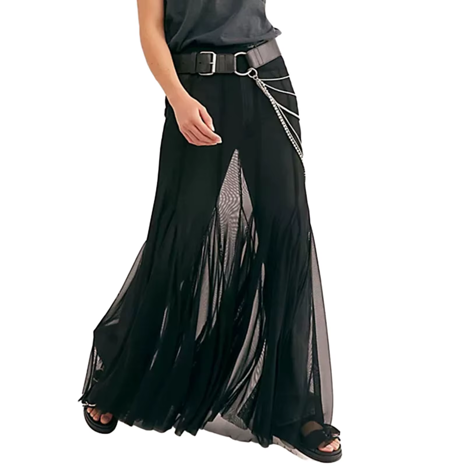 Jupes longues transparentes en maille transparente pour femmes, taille haute élastique, ourlet à vol