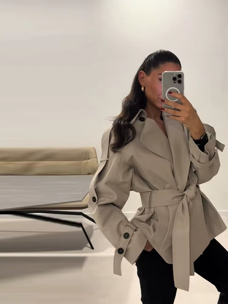 Veste coupe-vent oversize à manches longues et revers pour femme, avec épaulettes, laçage à la taill