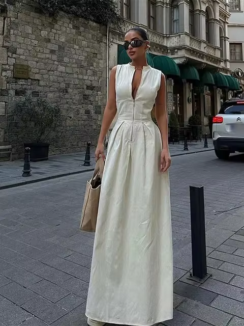 Robes longues drapées 2026 pour femmes, robe maxi sans manches zippée, robes d'été pour femmes, robe